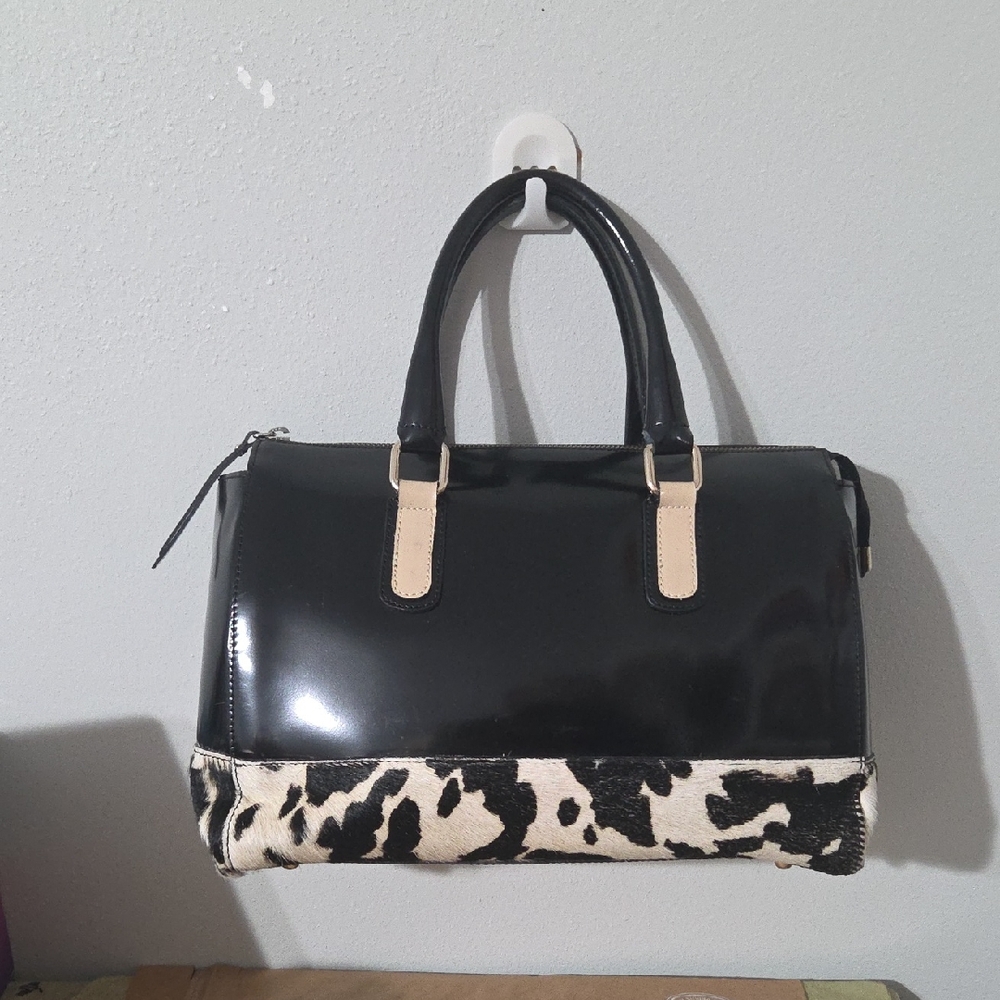 Elegant Black And Tan Italian Patten Leather With Calf Fur Gorgeous Bag